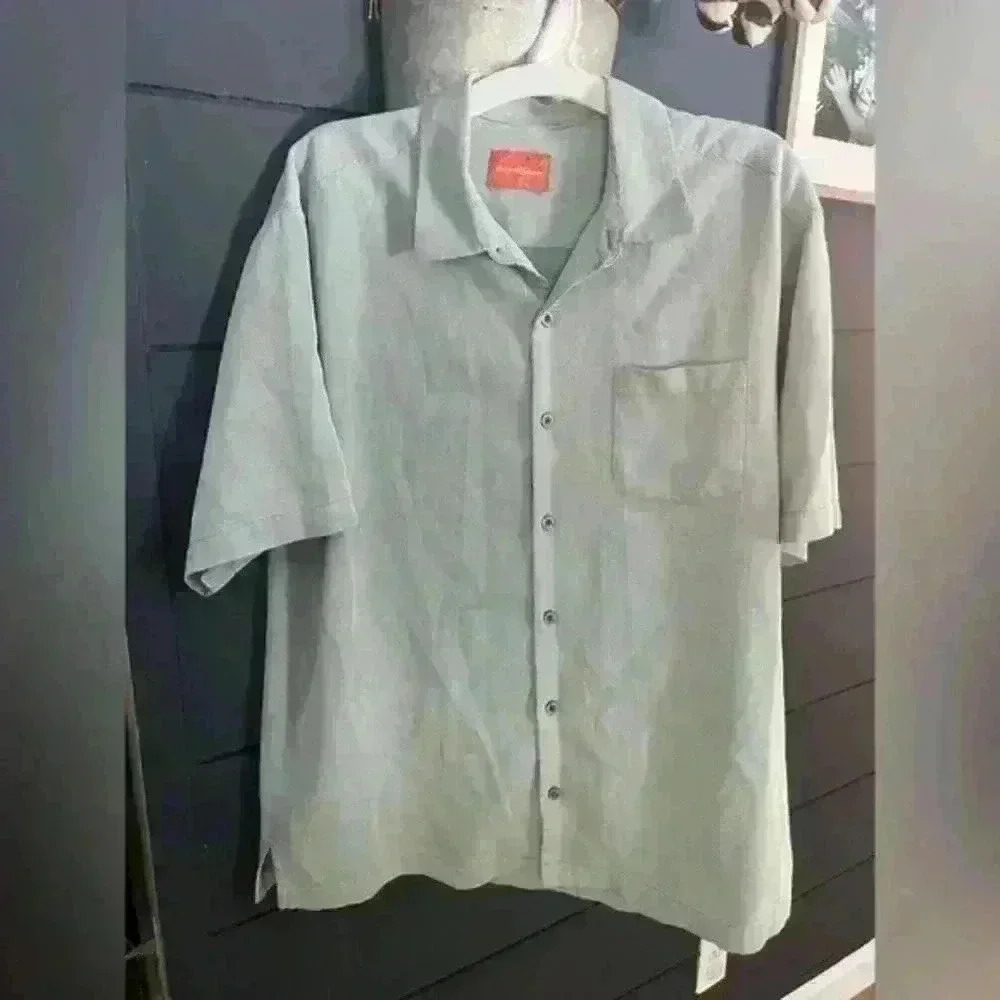 Tommy Bahama Shirt‎ Men's Large Blue Short Sleeve Check Silk Blend Button Up